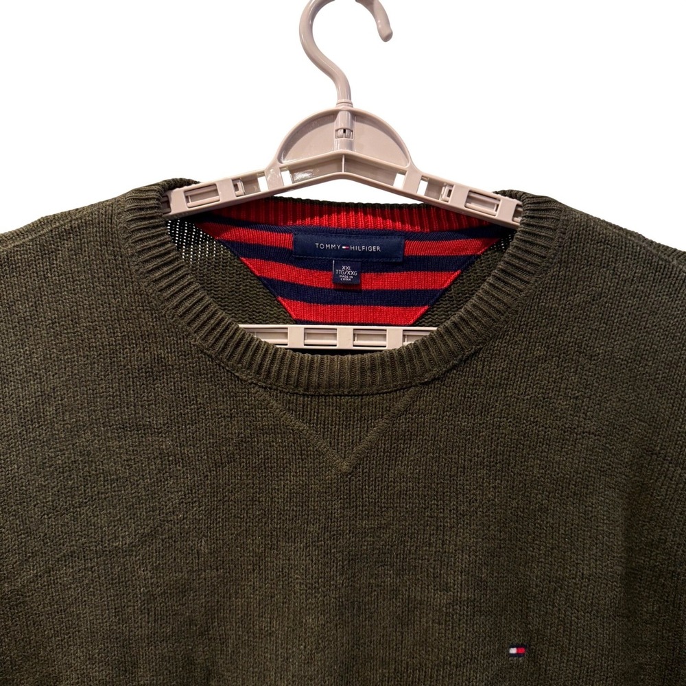 Tommy Hilfiger Sweater Olive Green Preppy Cotton Knit Pullover Mens XXL